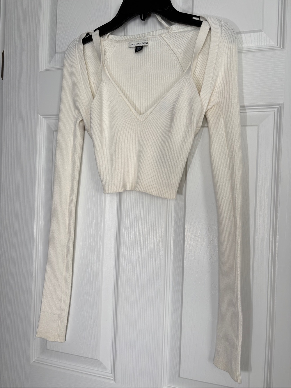 American Eagle White Ribbed V-Neck Cutout Top